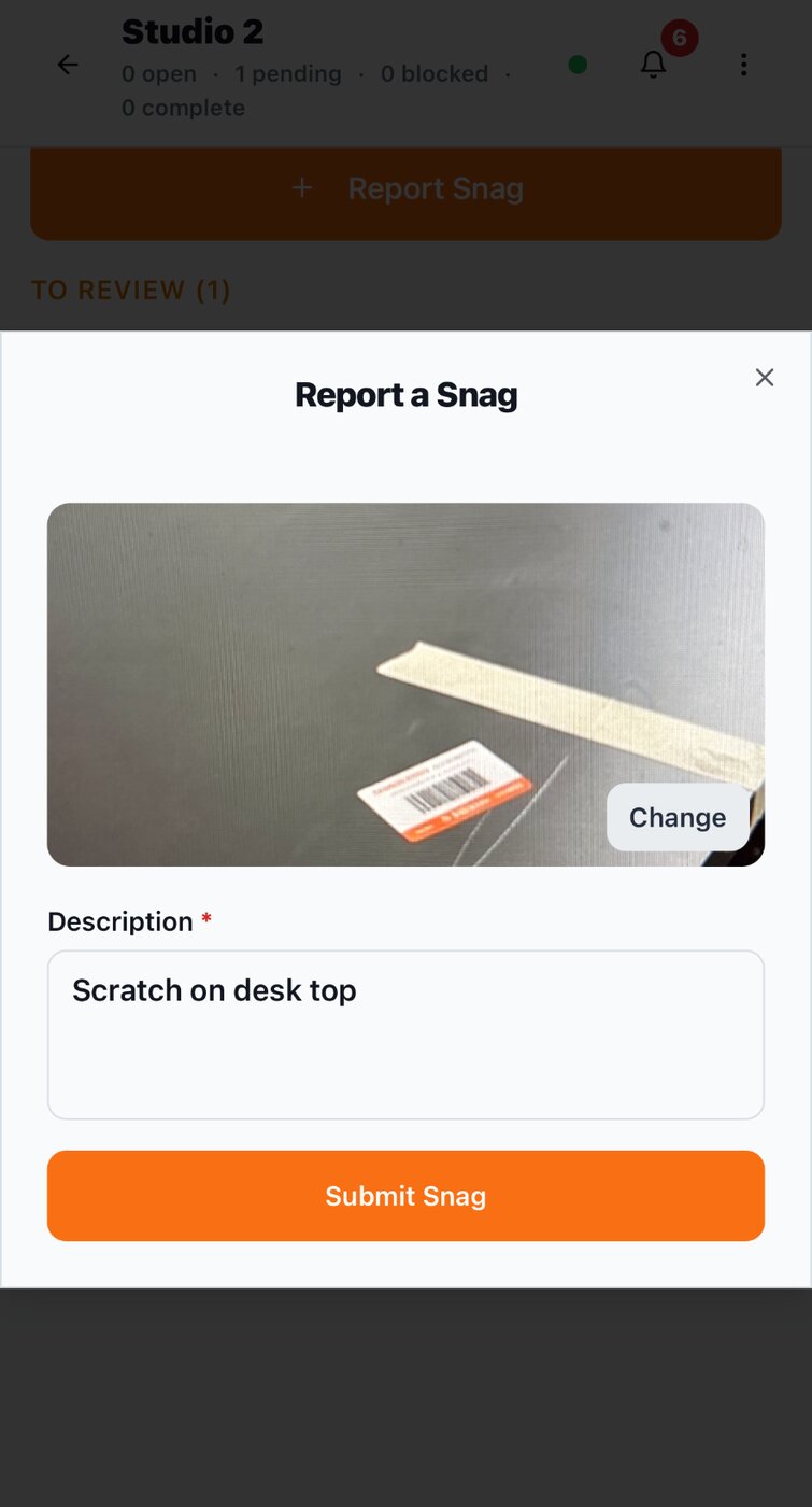 Log the snag on site