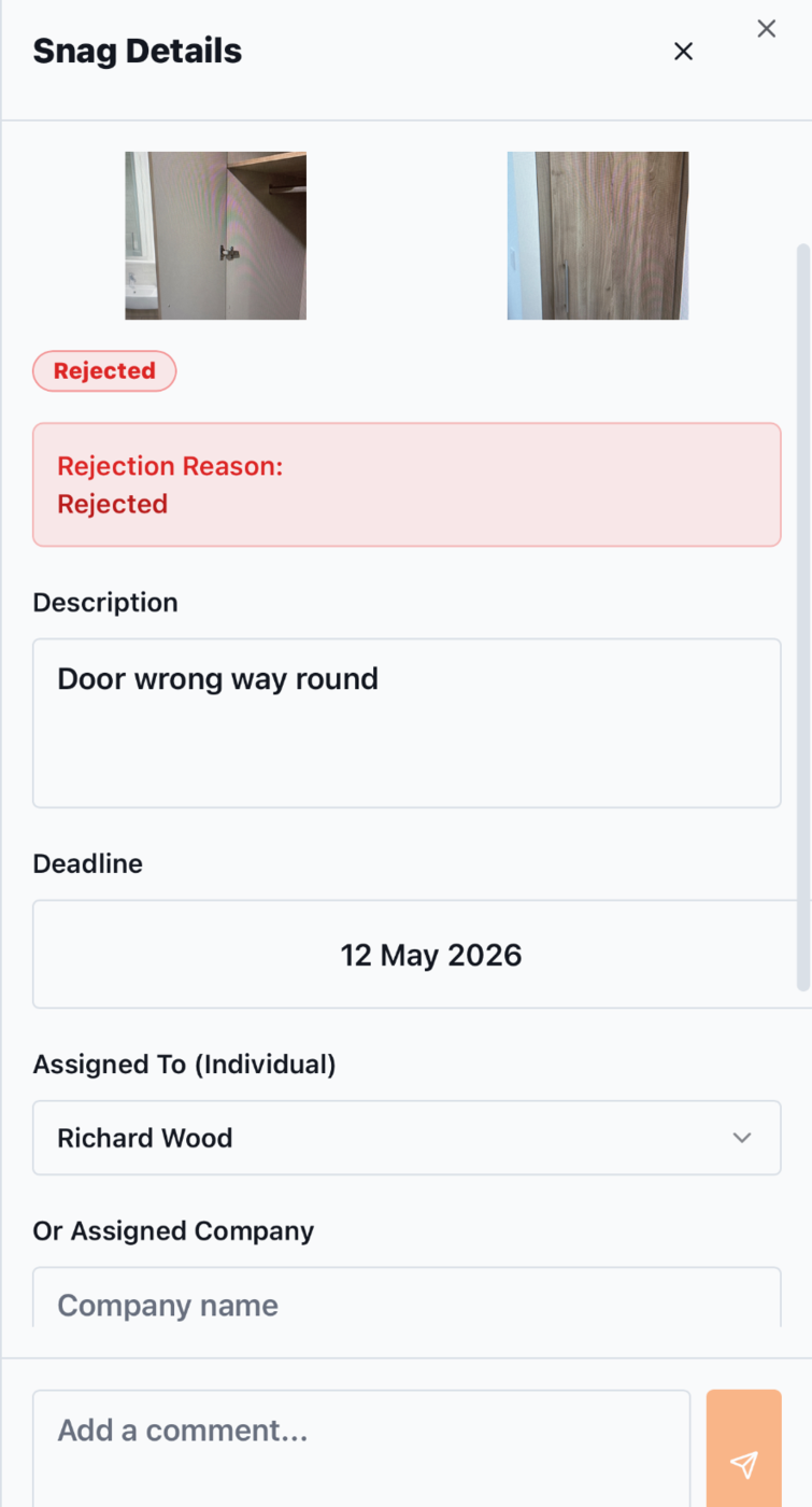 Snag details showing assignment to a specific fixer